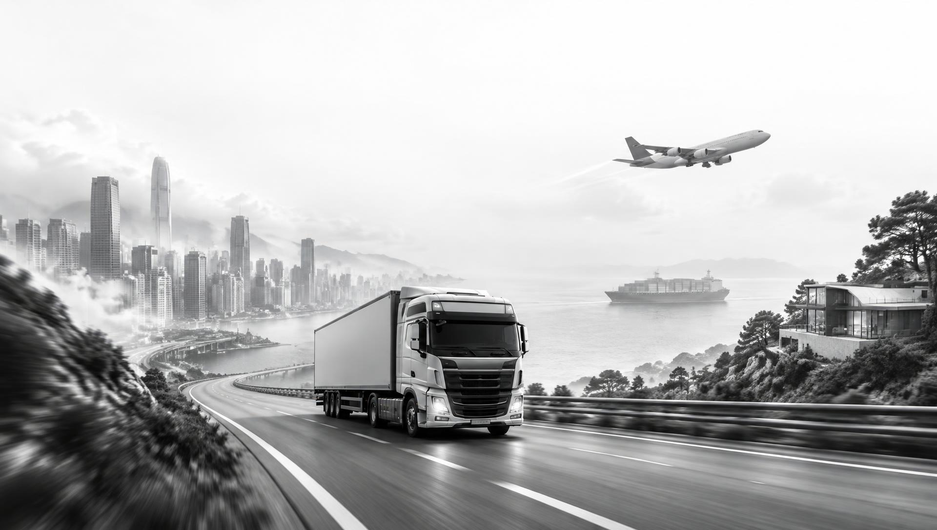Truck, cargo plane and container ship on an international route